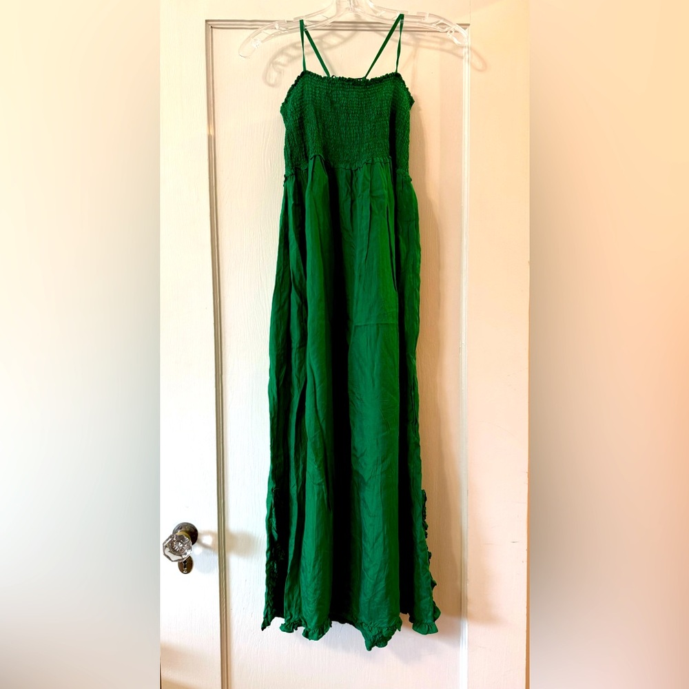 J.Crew | Silk Emerald Green Smocked Maxi Sundress with Spaghetti Straps - L
